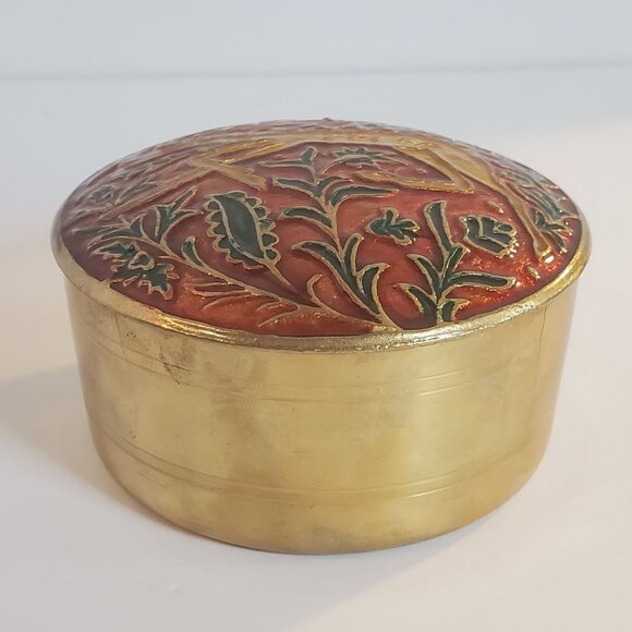 Vintage Enamel Jewelry Trinket Box Round Brass Top Cloisonne Deer Design - Picture 4 of 10